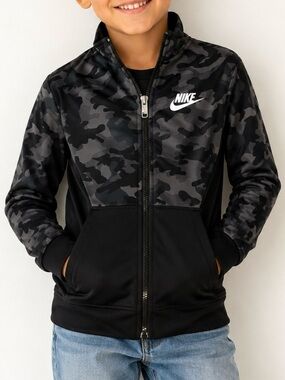 Nike Boys 5-6Y Black Gray Camo Full Zip Track Jacket Swoosh Athletic